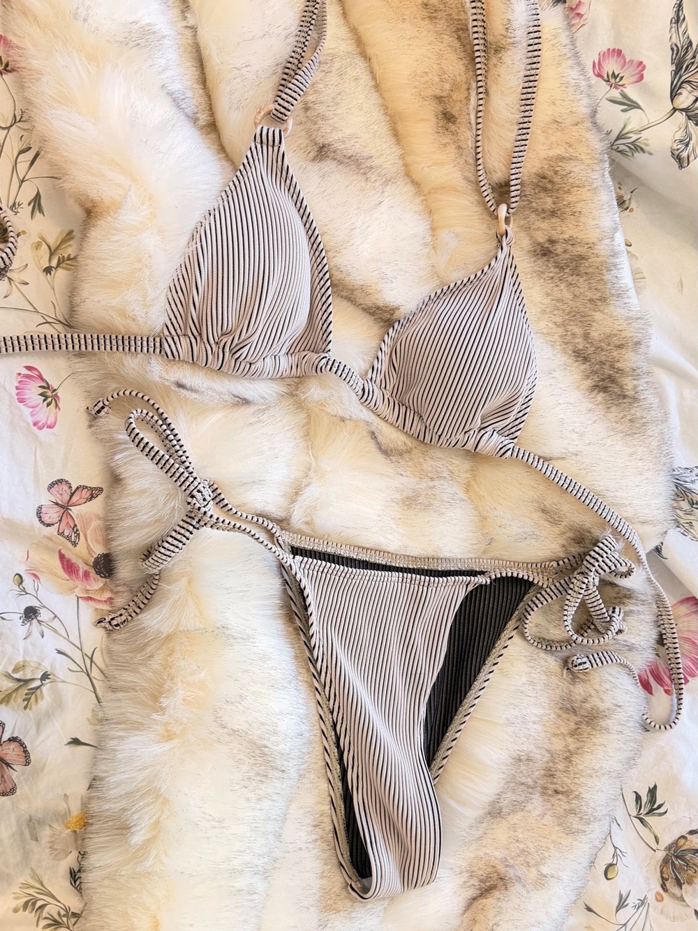 Striped Tie-Side Triangle Bikini in Beige and Black
